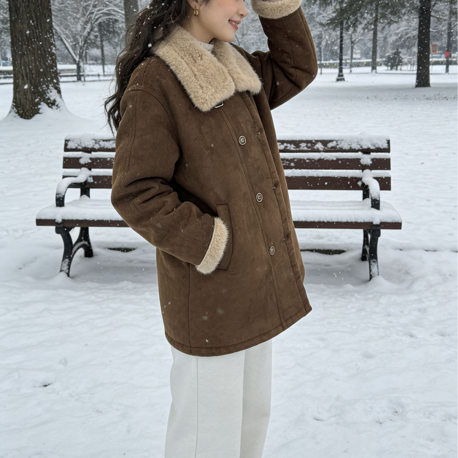 大码冬季中长款翻领双排扣纯色加绒长款外套801080