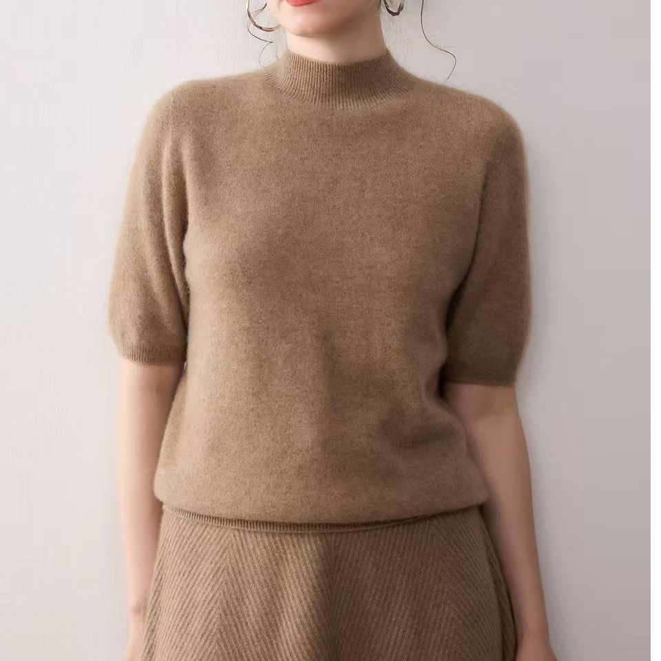 100%山羊绒女针织衫简约宽松针织衫秋冬纯色山羊绒短袖半袖打底