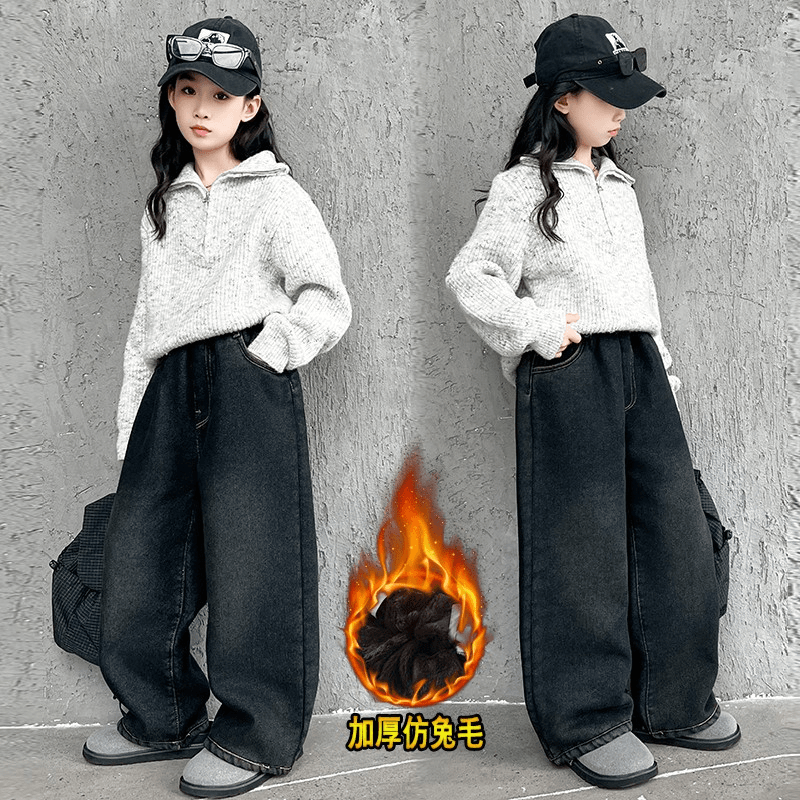 女裤仿兔绒特厚牛仔直筒裤一条过冬加绒加厚百搭宽松洋气牛仔长裤