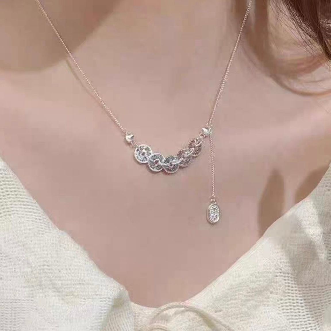 吊坠足银 五币钱项链 时尚百搭女款 Y020