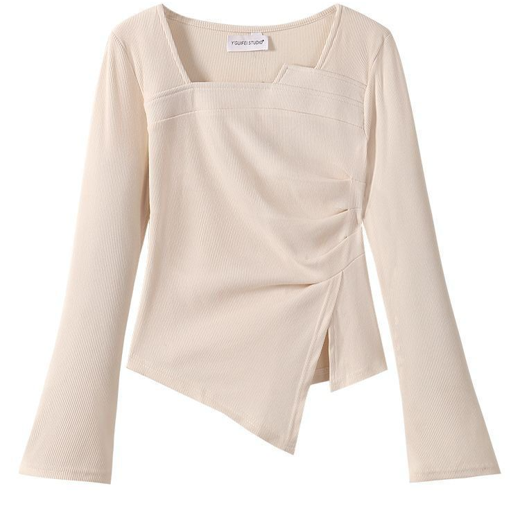 7020秋季新款不规则正肩长袖T恤大码显瘦遮肉设计感内搭上衣