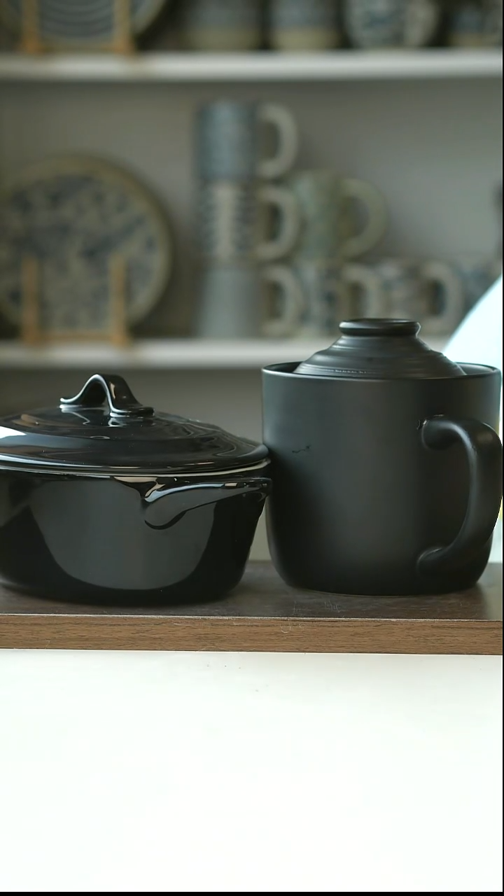 陶黑色双耳烤碗21cm600ml+出日哑光黑炖盅/饭盅500ml@4-2@微瑕