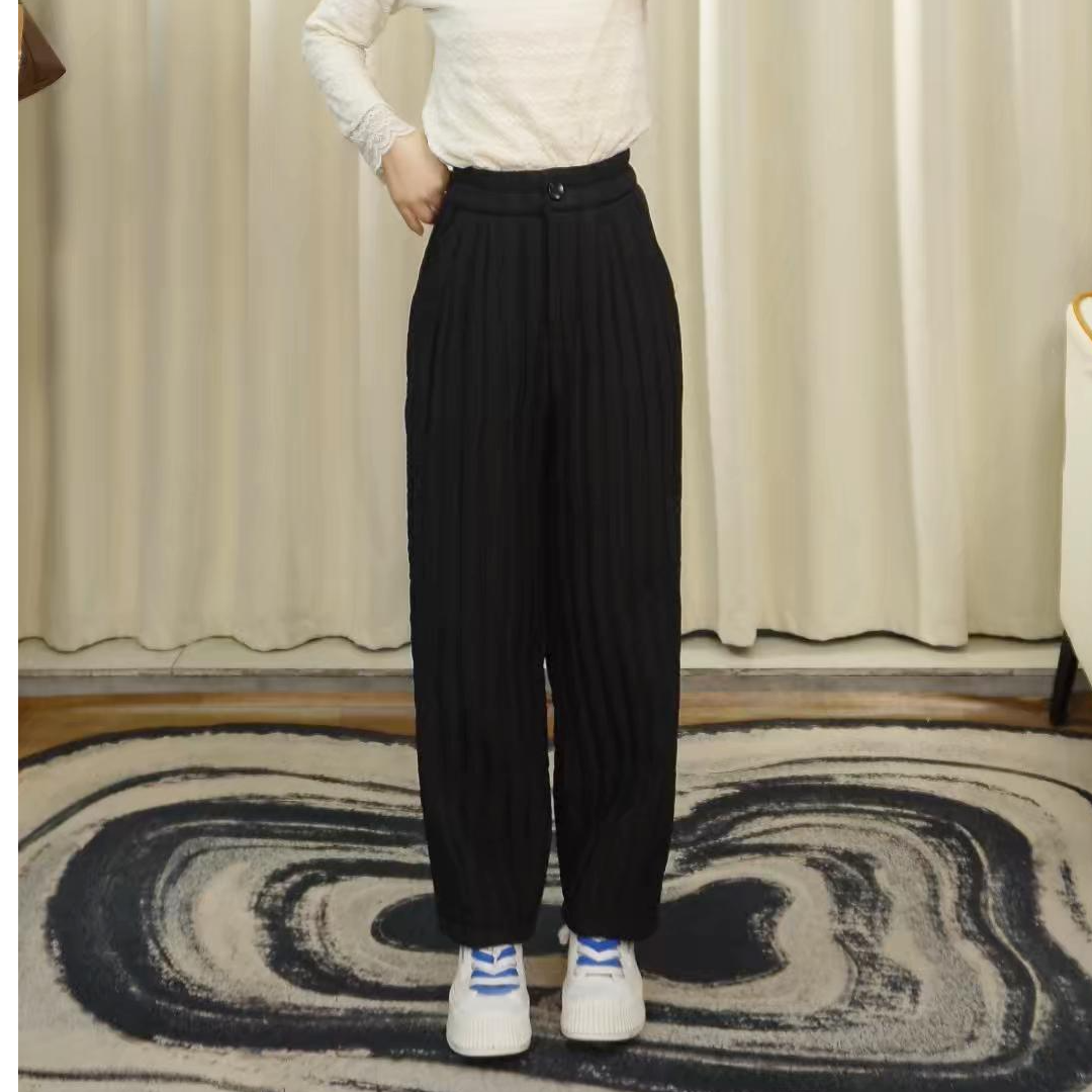 鲁云年新款冬季舒适小个子加棉高腰时尚休闲百搭宽松条纹阔腿裤