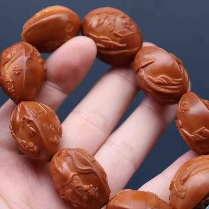 秦淮八艳橄榄核手串双面浮雕
