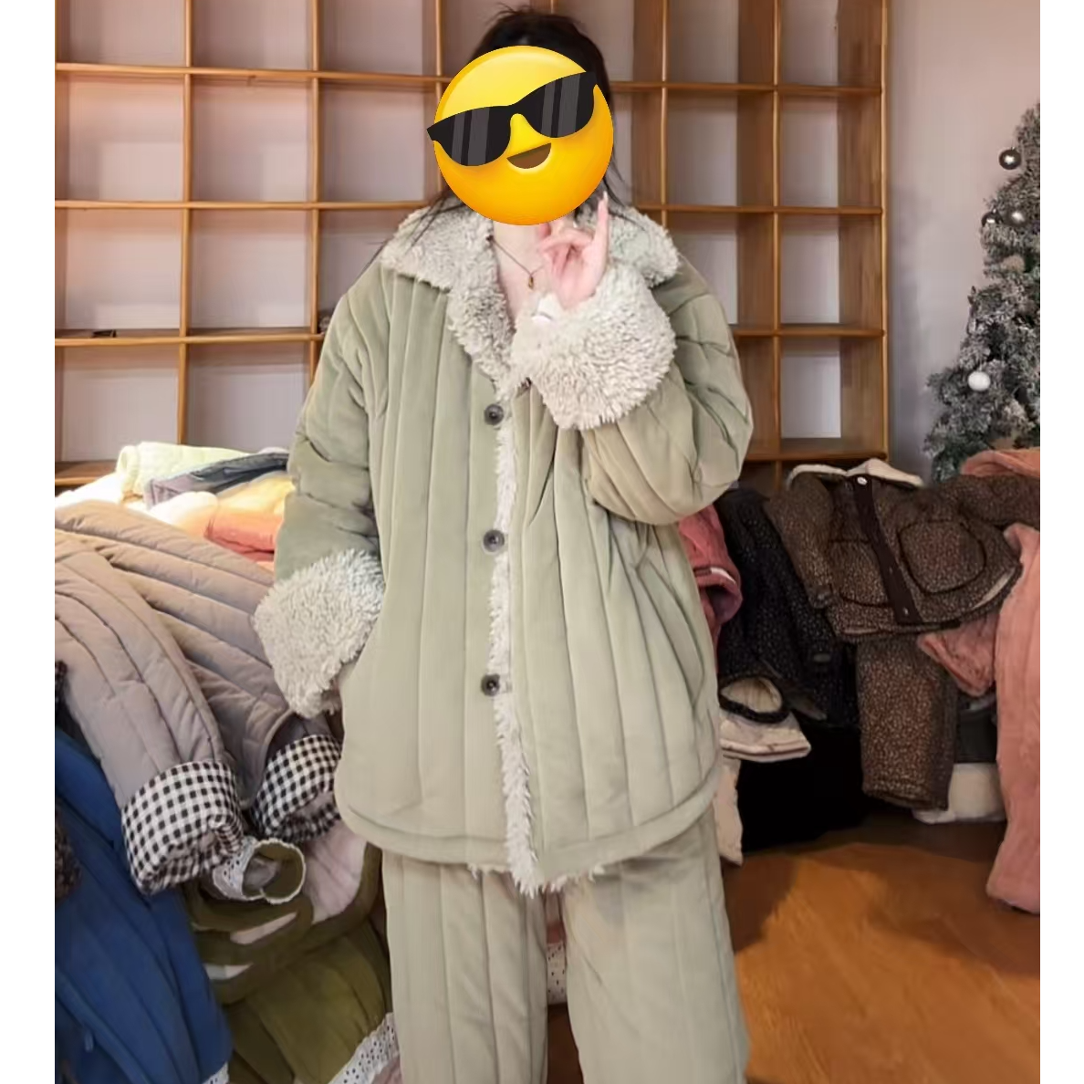 冬季三层夹棉加绒加厚毛领灰绿色竖条纹款时尚睡衣家居服套装