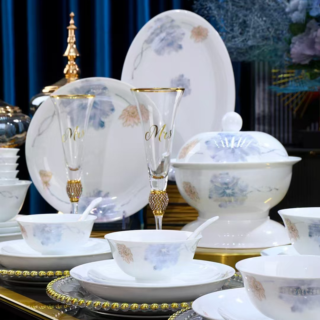 景德镇白玉泥高端荷风68件套装餐具碗盘高档家用送礼中式轻奢陶瓷