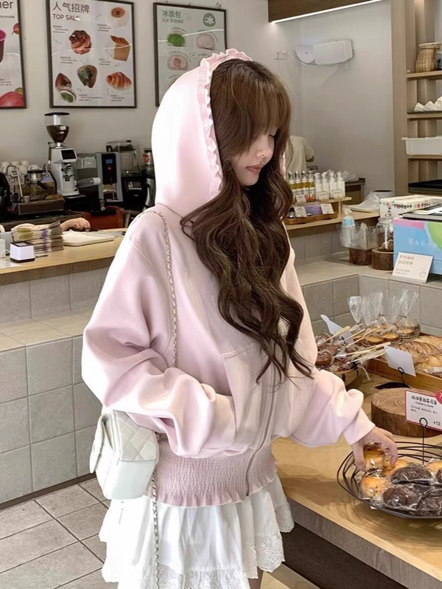 三三  （韩女感2.0）♥ 木耳边连帽卫衣 甜美早秋外套