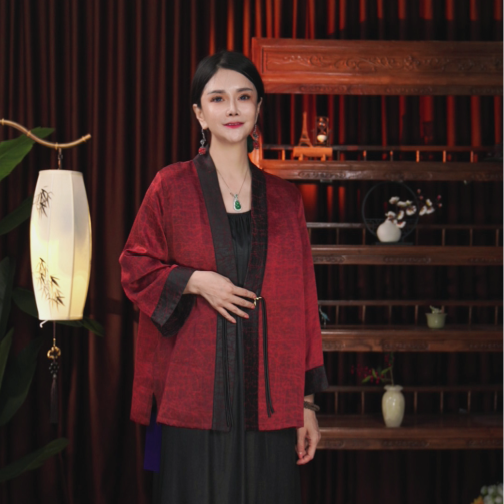 延禧高定《朱洚》香云纱新款双面双穿100桑蚕丝红缎龟外套上衣红色