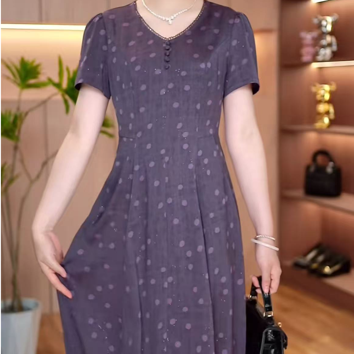 F1132 夏季波点印花连衣裙收腰