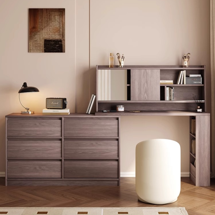 全实木橡木卧室梳妆台斗柜书桌一体转角化妆台原木风多功能化妆桌