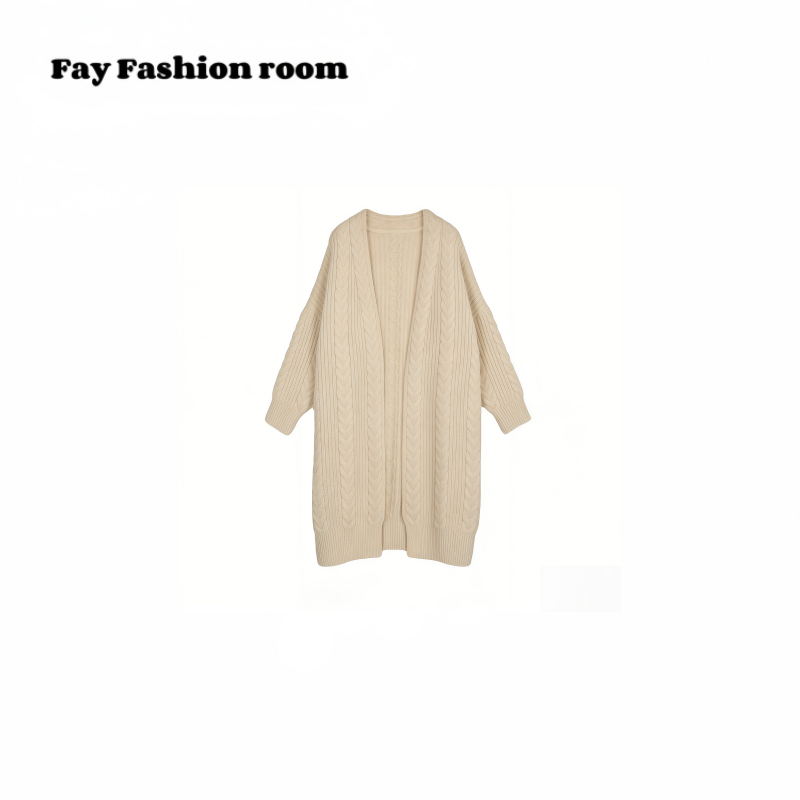 FAY |慵懒简约山羊绒针织开衫宽松麻花中长款毛衣