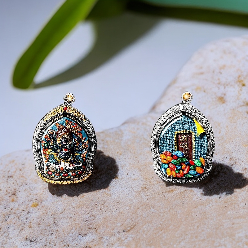 黑六臂玛哈嘎拉立体纯银擦擦纯手工手绘唐卡随身擦擦吊坠挂件饰品