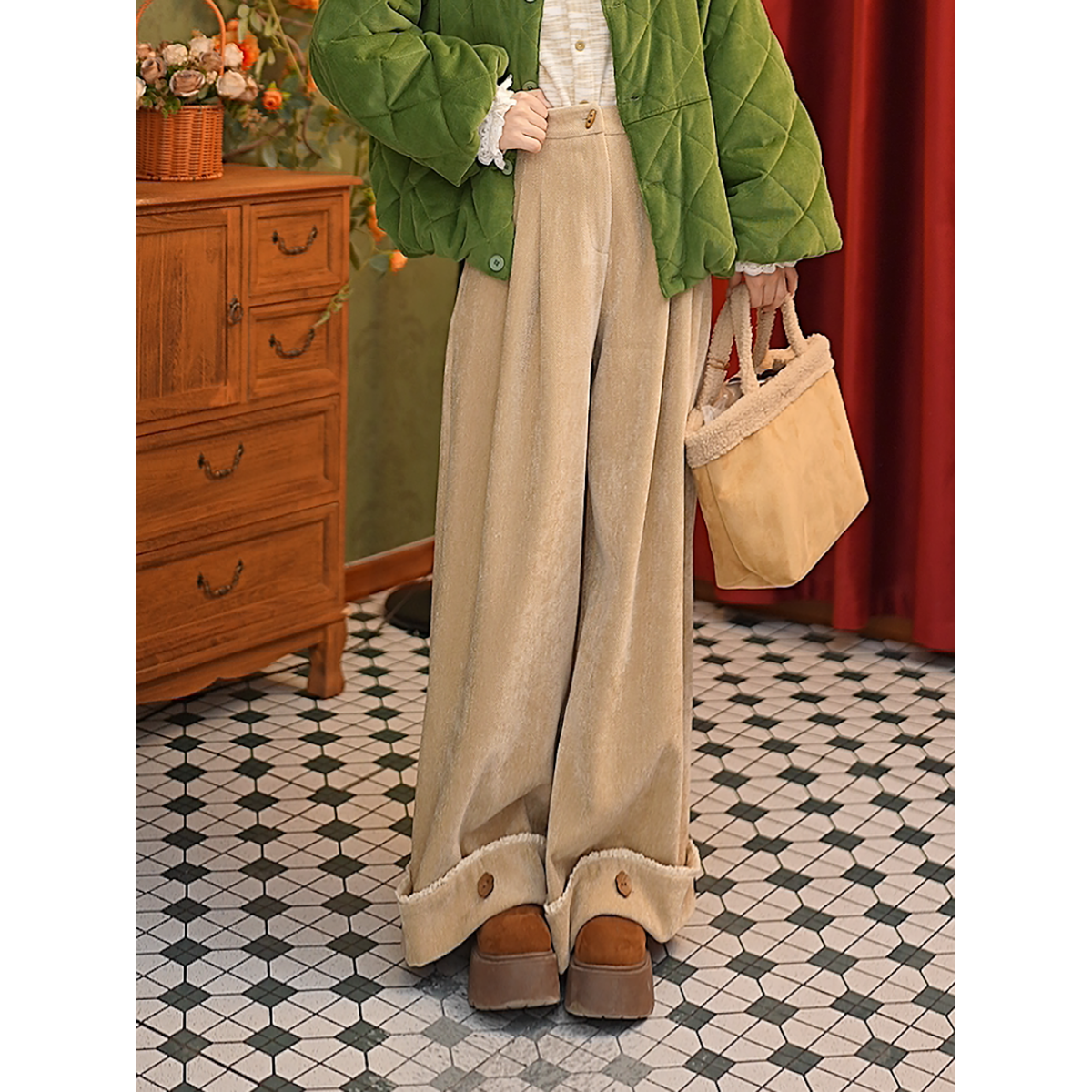 DaYuanSAD【梅婉】张嘉圆卷边阔腿裤冬季加厚高腰直筒休闲裤#L15182