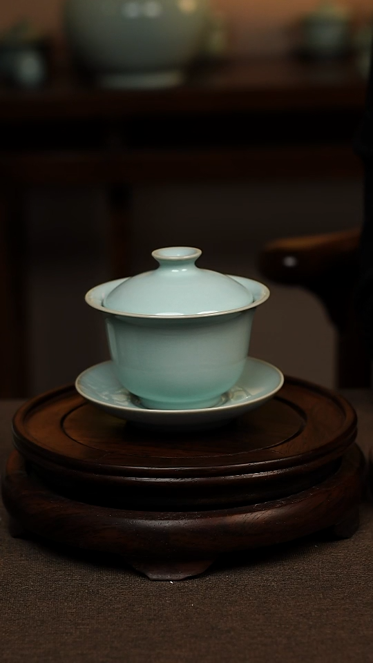 瓷片天青色全手工三才元宝盖碗150ml微瑕不带礼盒