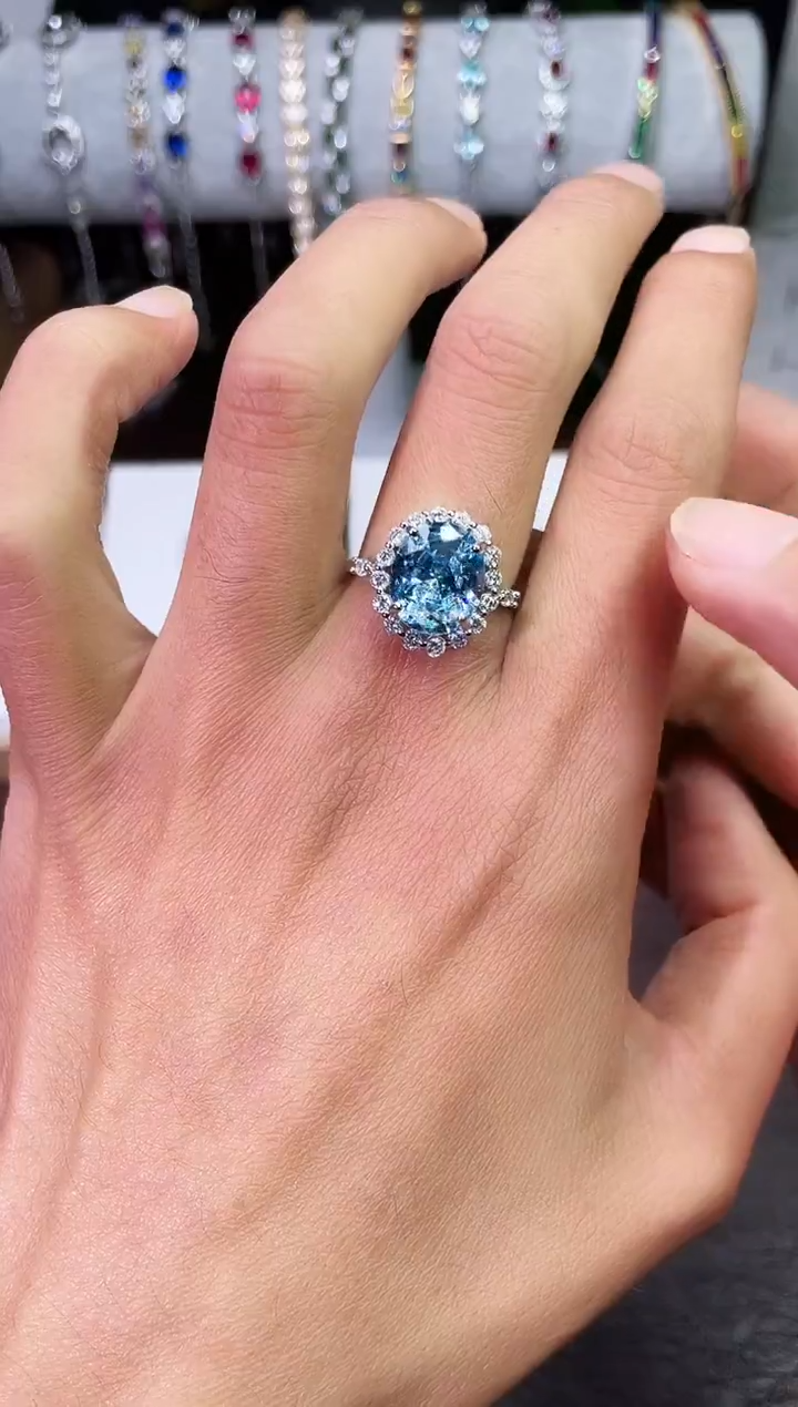 足铂镶嵌合成（培育）蓝宝石戒指/指环冰蓝戒指