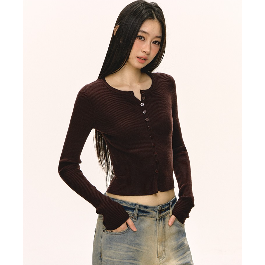 anna aneae长袖打底衫女秋冬季氛围感穿搭咖色修身短款针织开衫