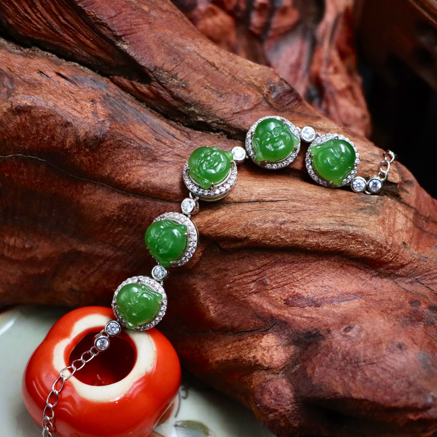 天然和田玉老坑碧玉佛面手链s925银