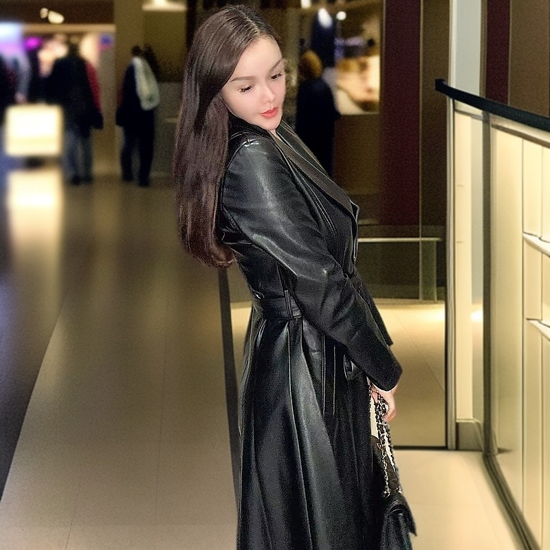【夹棉】秋冬真皮皮衣女中长款修身绵羊皮长款过膝皮风衣气质外套