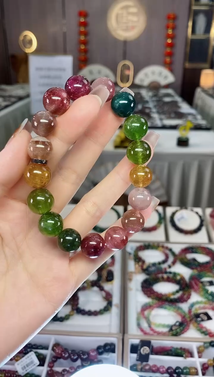 老矿碧玺色标彩虹透体单圈手串12mm+未镶嵌碧玺dan多样性发货一条