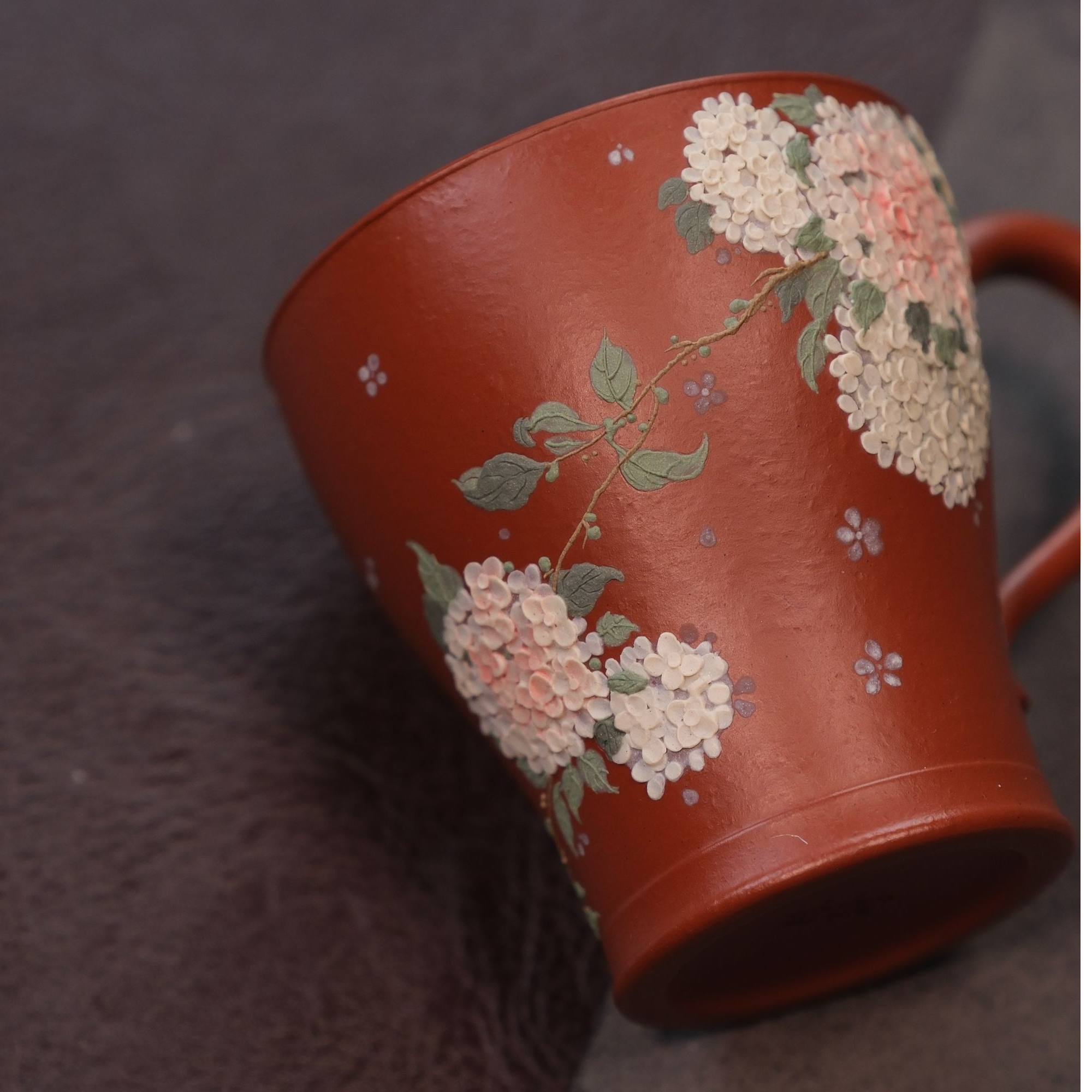 静心【花卉】朱泥把手杯 绣球花 120cc 主人杯精品高端实用