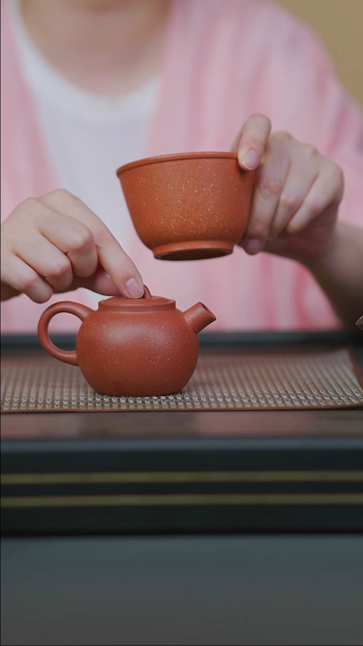 茶壶紫砂14-半手红降坡钱罐子150cc+五彩降大缸杯