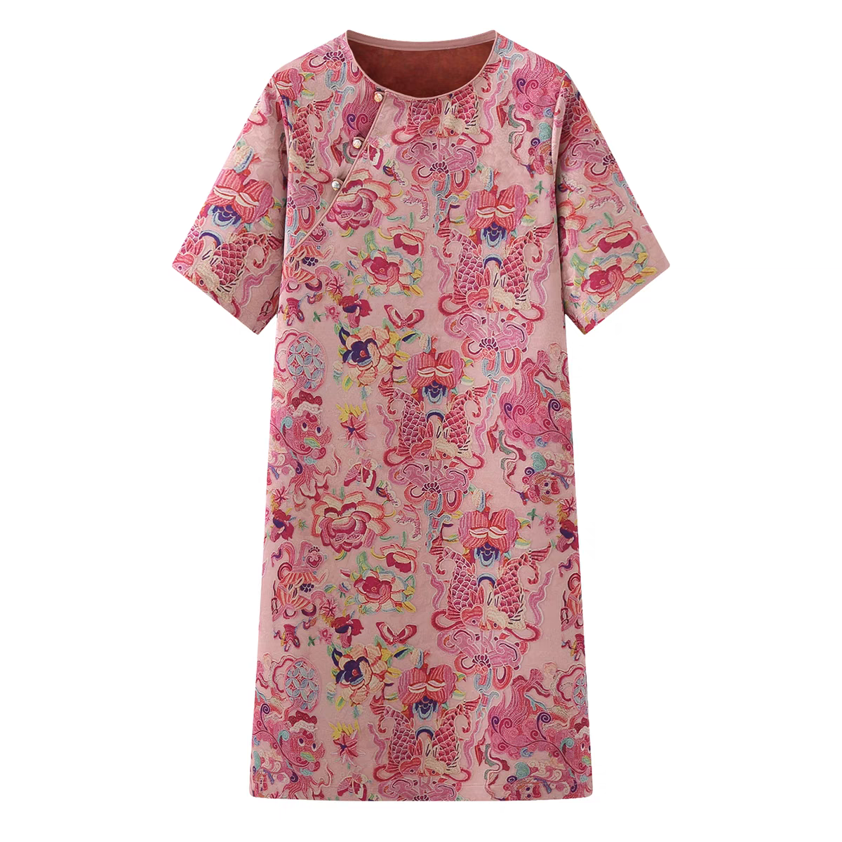 新中式3316印花连衣裙女夏季新款真丝国风圆领直筒改良旗袍裙