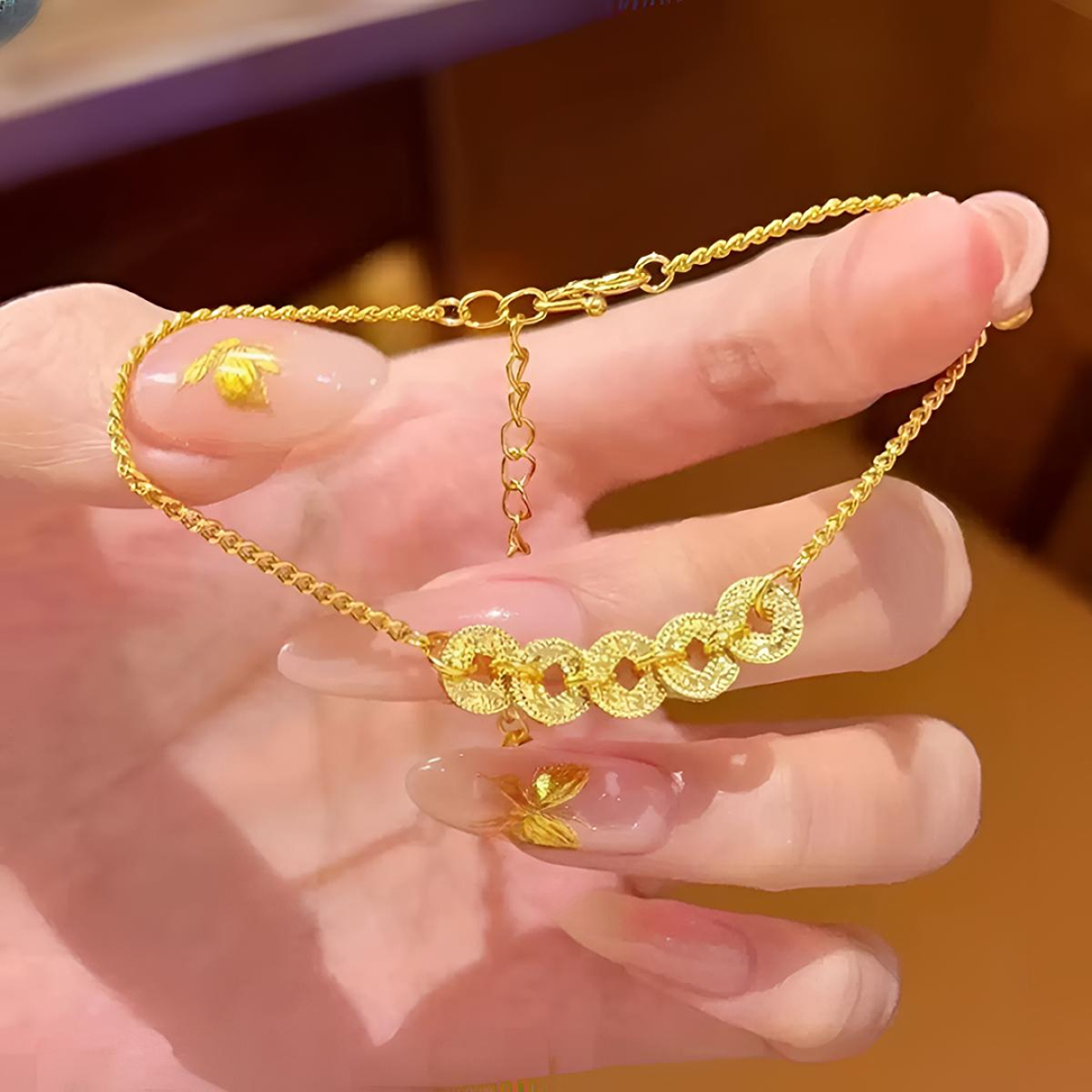 铜合金手链 镀K金 金色爆闪碎碎冰五帝钱手链女爆款新款高级批发