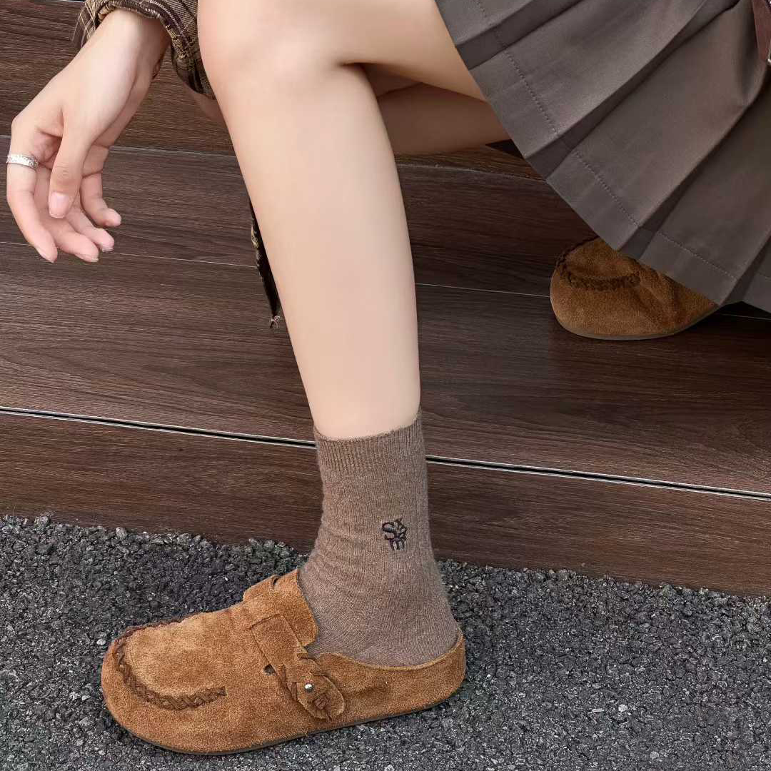 真皮透气可外穿半拖胖脚一脚蹬勃肯鞋女ins潮复古百搭软底休闲鞋