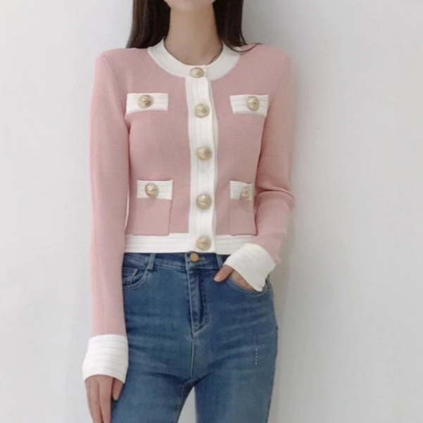 99新 BALMAIN/巴尔曼 汤/P235705373/金色纽扣粉色针织开衫 36