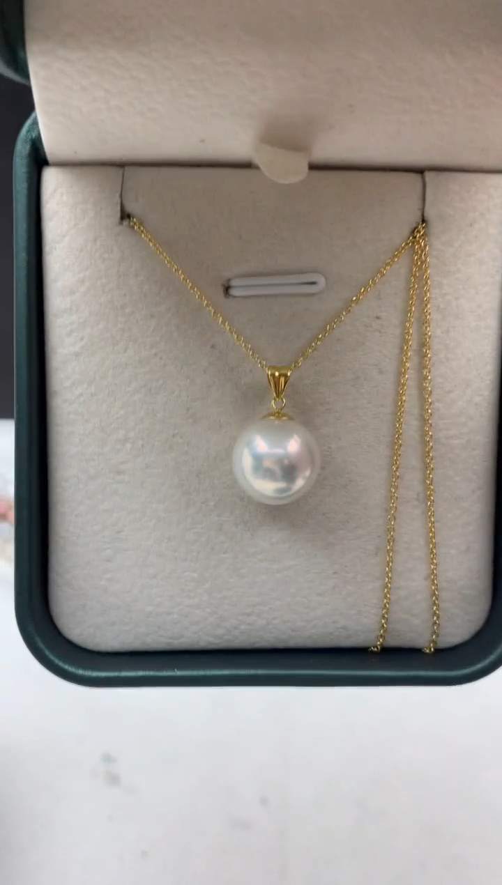 18K金镶嵌ff淡水珍珠白珠吊坠(赠链）11~12mm