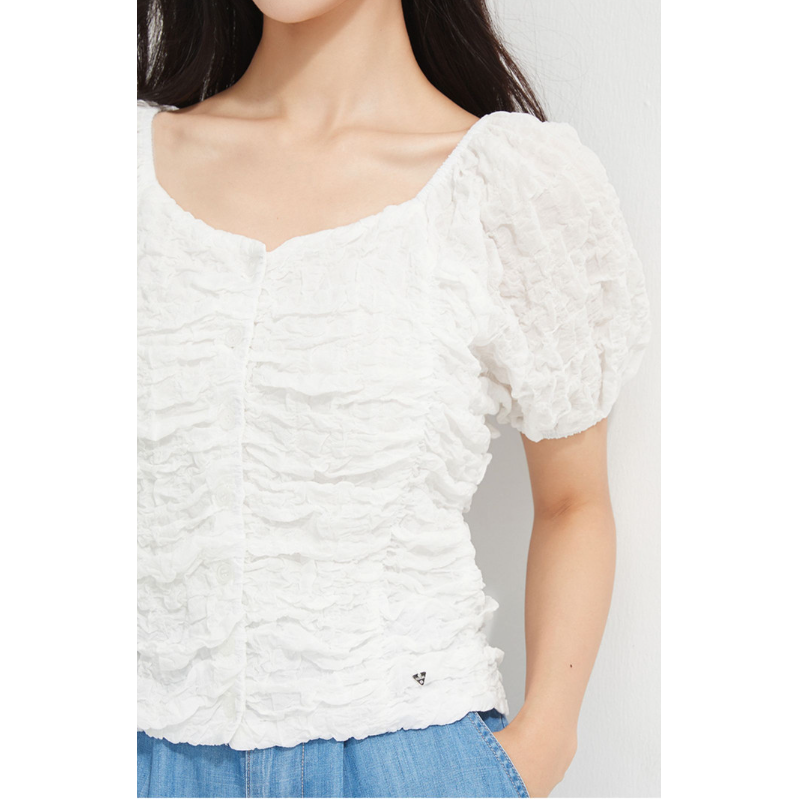 GUESS女士春夏款纯欲极简褶皱衬衫-YM2W1265