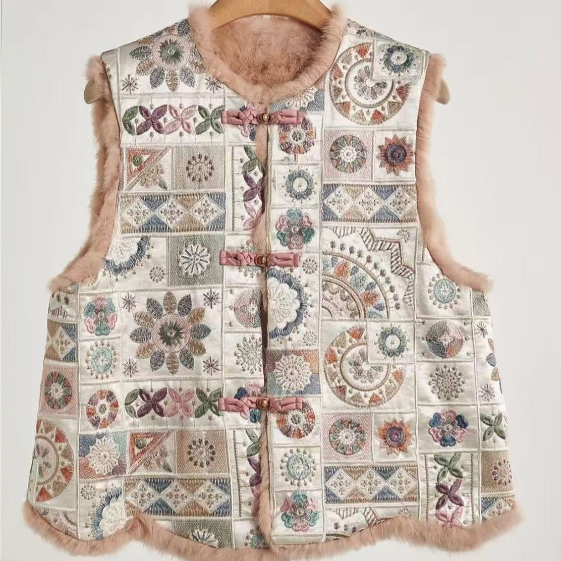 【花间绣】新中式刺绣兔毛加厚秋冬马甲国风背心坎肩