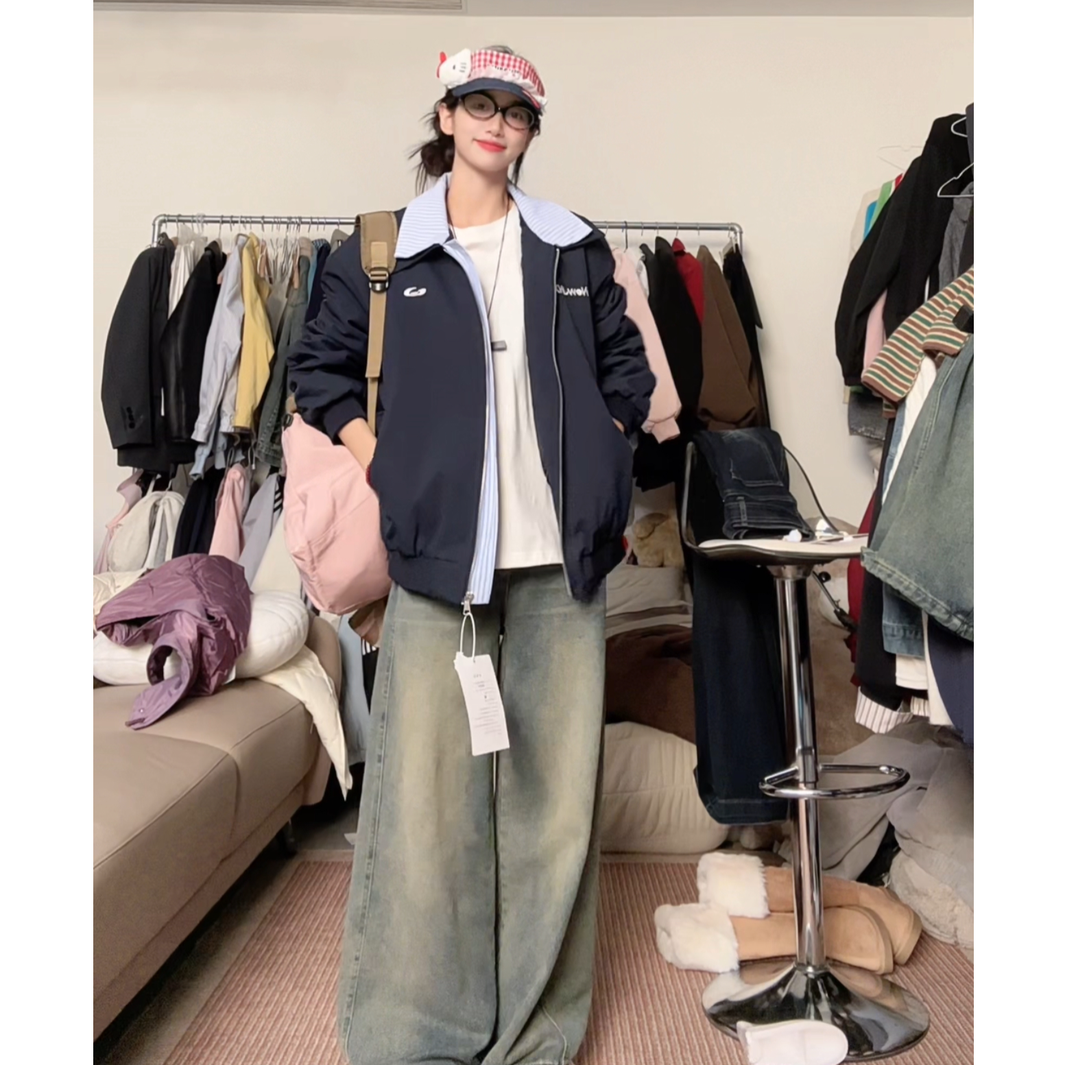 秋冬菱格二棉加厚美式拼接复古绣花假两件翻领男女保暖夹克外套