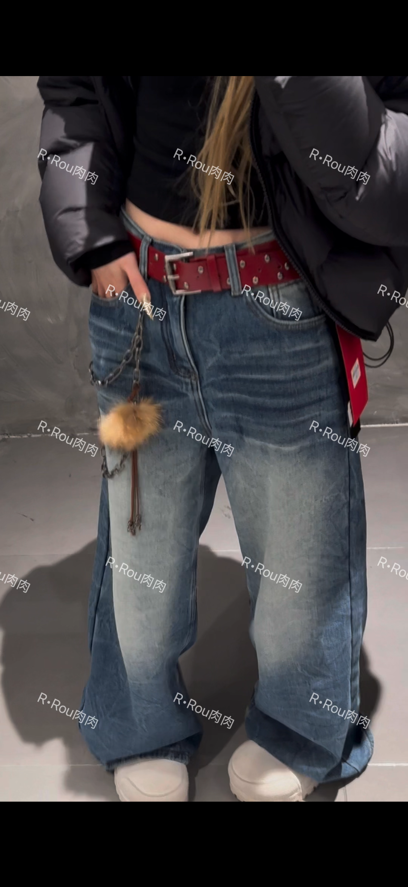 ROU-ROU)JIA辣妹红腰带直筒阔腿裤77R13