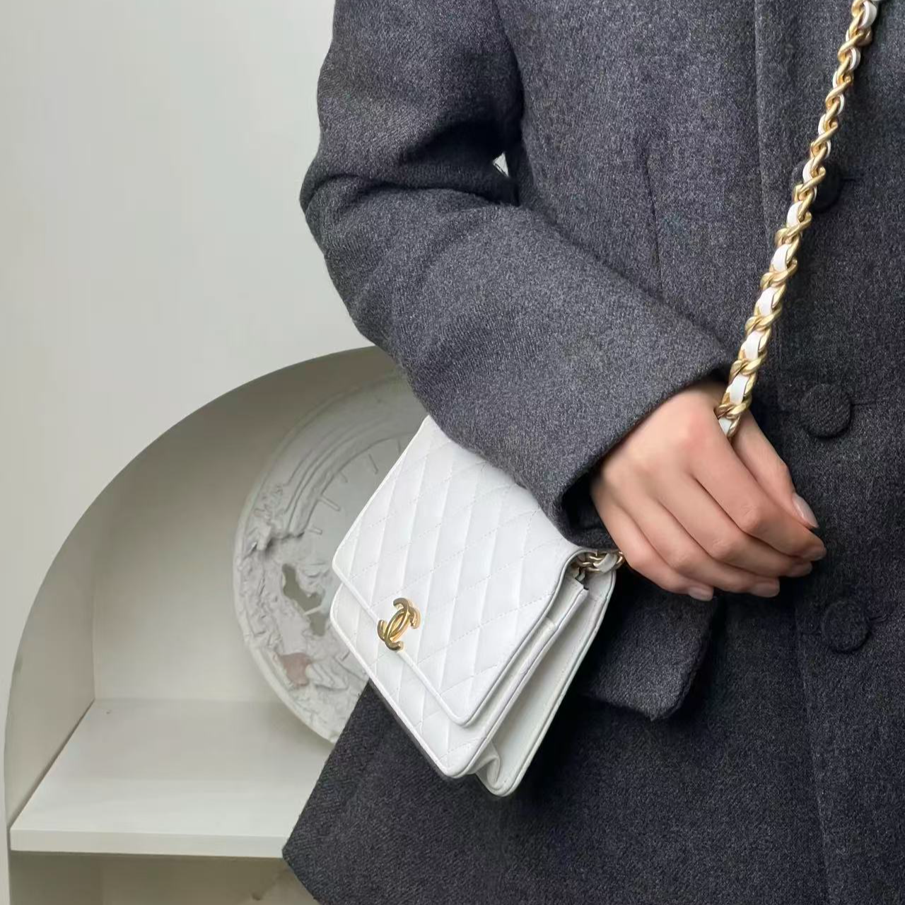 99新 Chanel/香奈儿 22s拼色链条woc白金羊皮/甄选