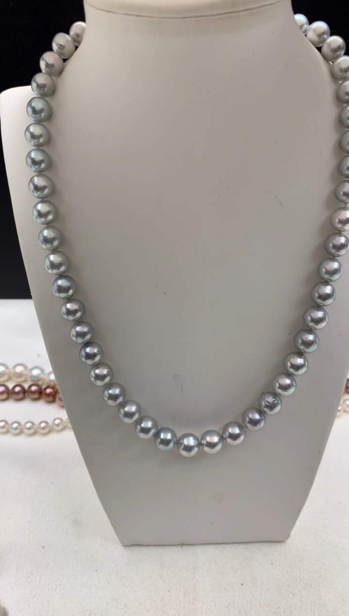 银S925镶嵌ff海水珍珠akoya灰珠串链8~9mm