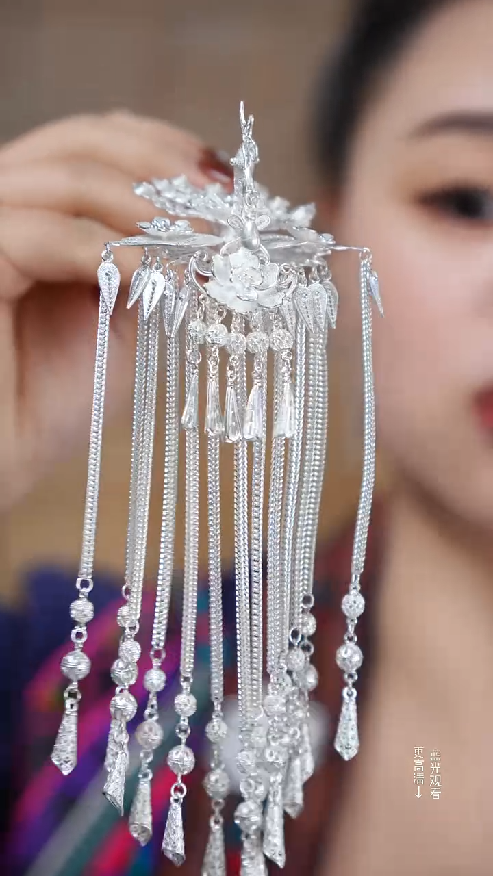 珐琅足银7尾凤凰流苏发簪