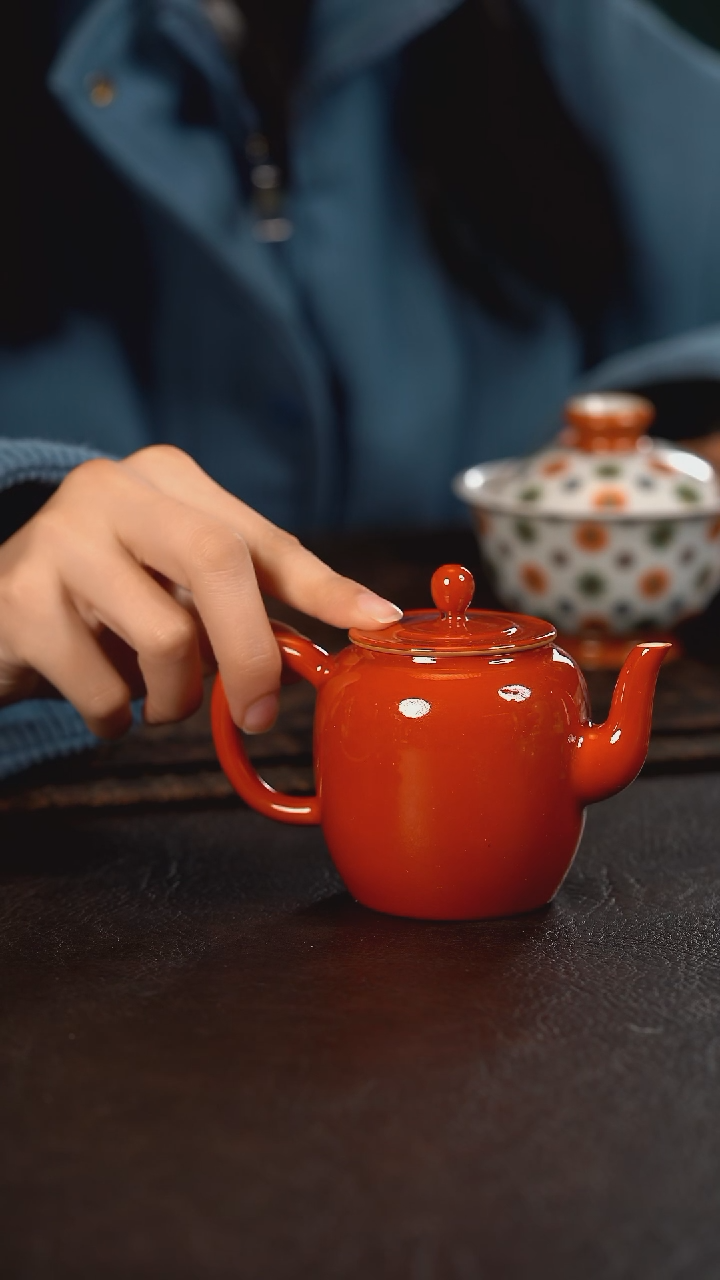 【闪购商品】杯云霞珍藏古彩珊瑚红苹果壶