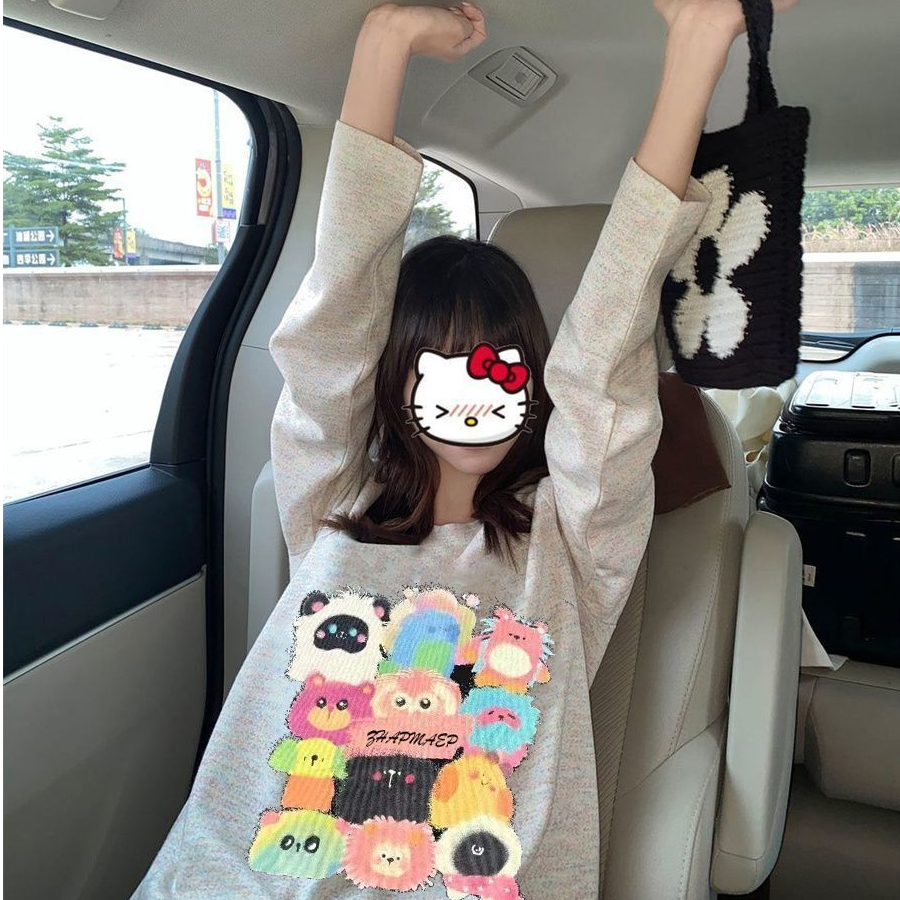 【ZHAP】新款圆领打底衫250克彩纱长袖t恤女宽松秋季趣味chic上衣潮