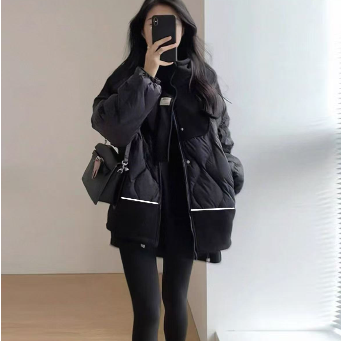 9211-卫衣拼接面包羽绒服（时尚休闲款）（黑色）