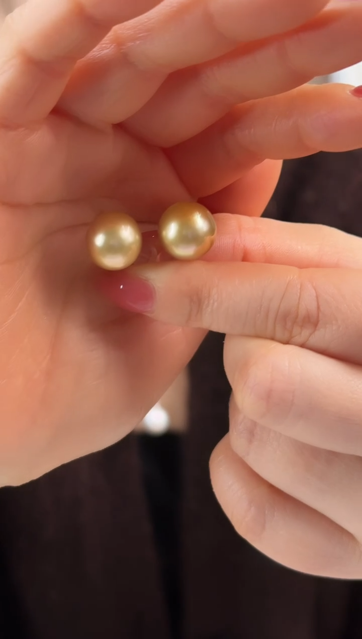 未镶嵌耳饰海水珍珠茶金12-13mm大点位金珠耳钉