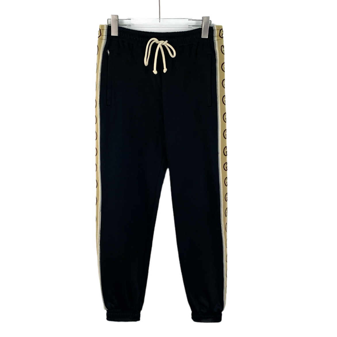 95新 GUCCI/古驰 IM0357 黑色侧logo串标系带束脚运动长裤 S码