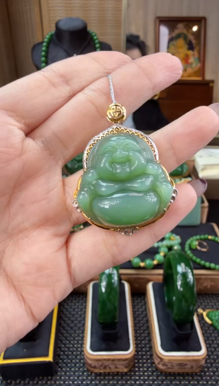 【闪购商品】和田玉（碧玉）吊坠(赠链)18K金镶嵌  