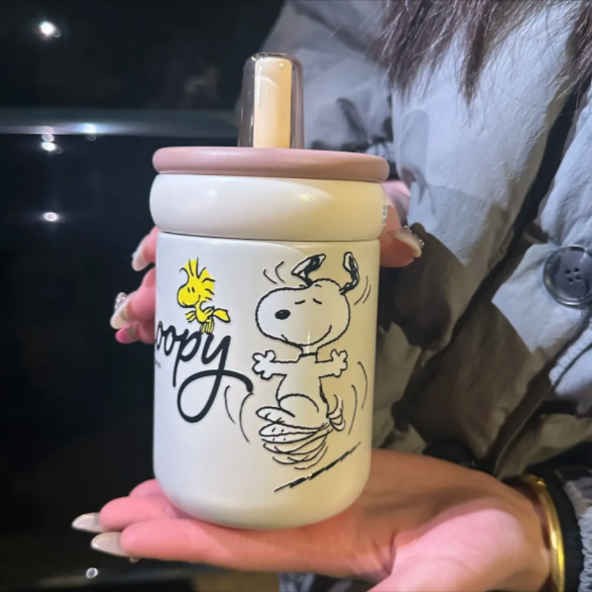 史努比新款保温杯陶瓷覆层ins女高颜值吸管杯便携学生简约小众言