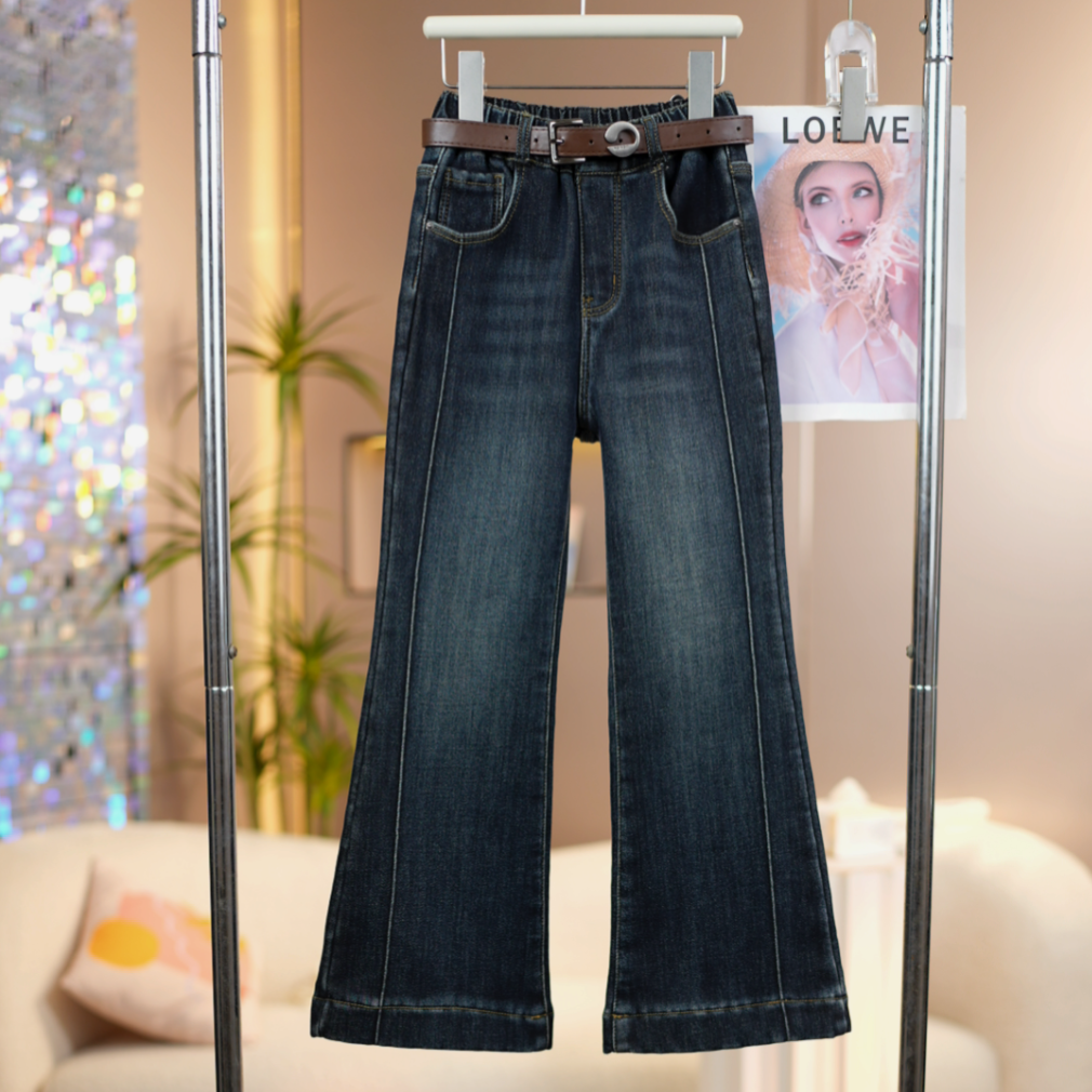 女童加绒设计工艺喇叭裤2025冬季新款中大童时尚百搭儿童牛仔裤子