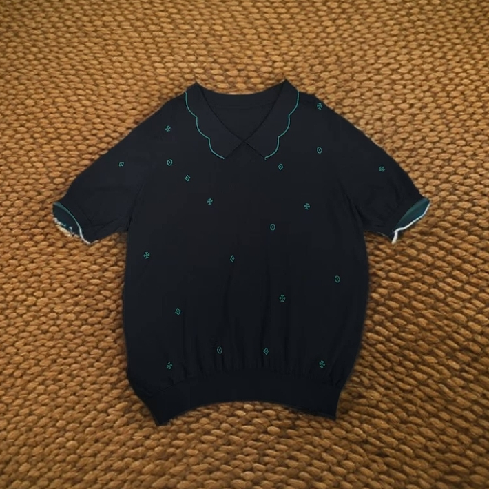 绒贝斯9047夏季2025新款撞色针织衫翻领短袖女上衣