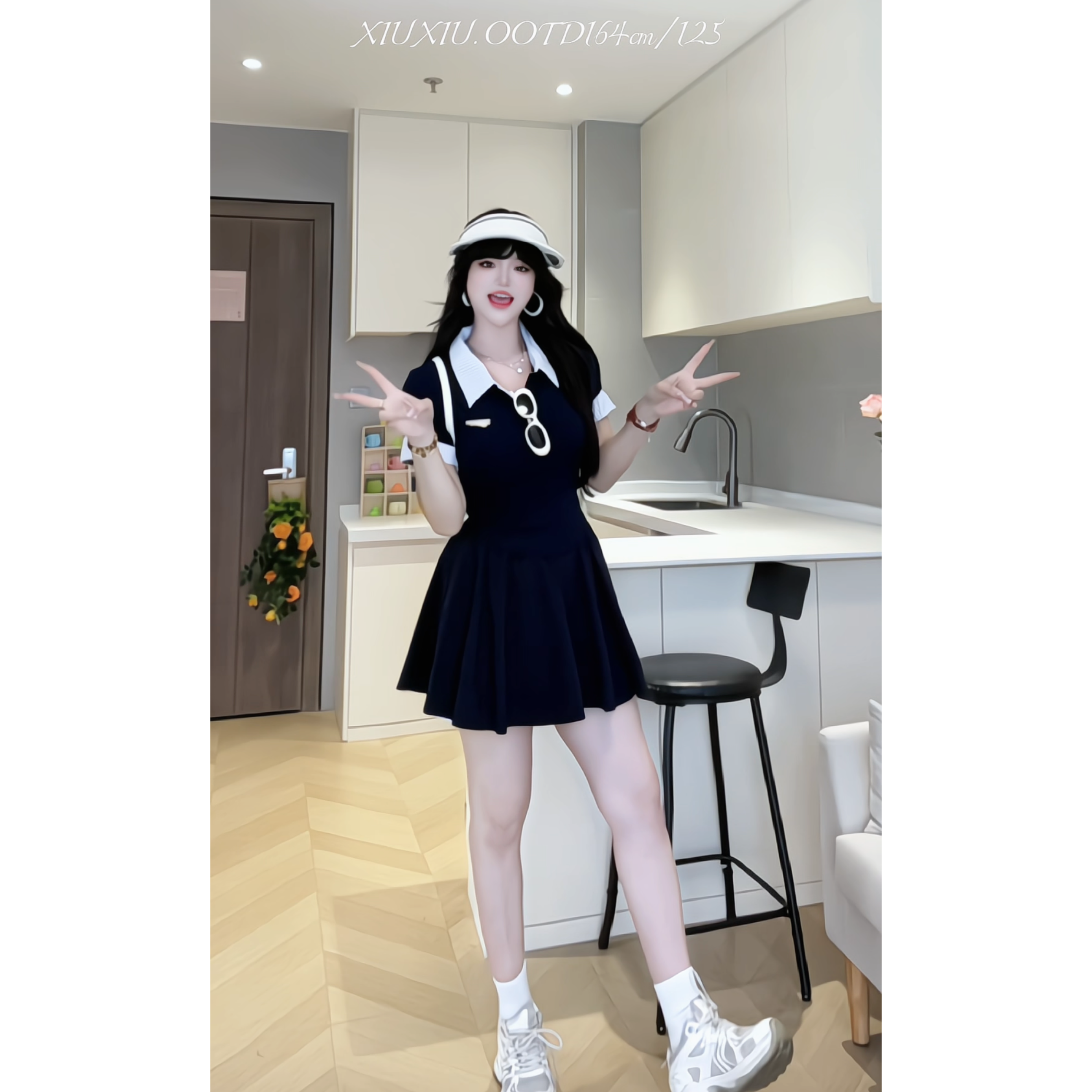 【miu系学院】9008学院风polo衫假两件短袖上衣女夏季半身裙两件套