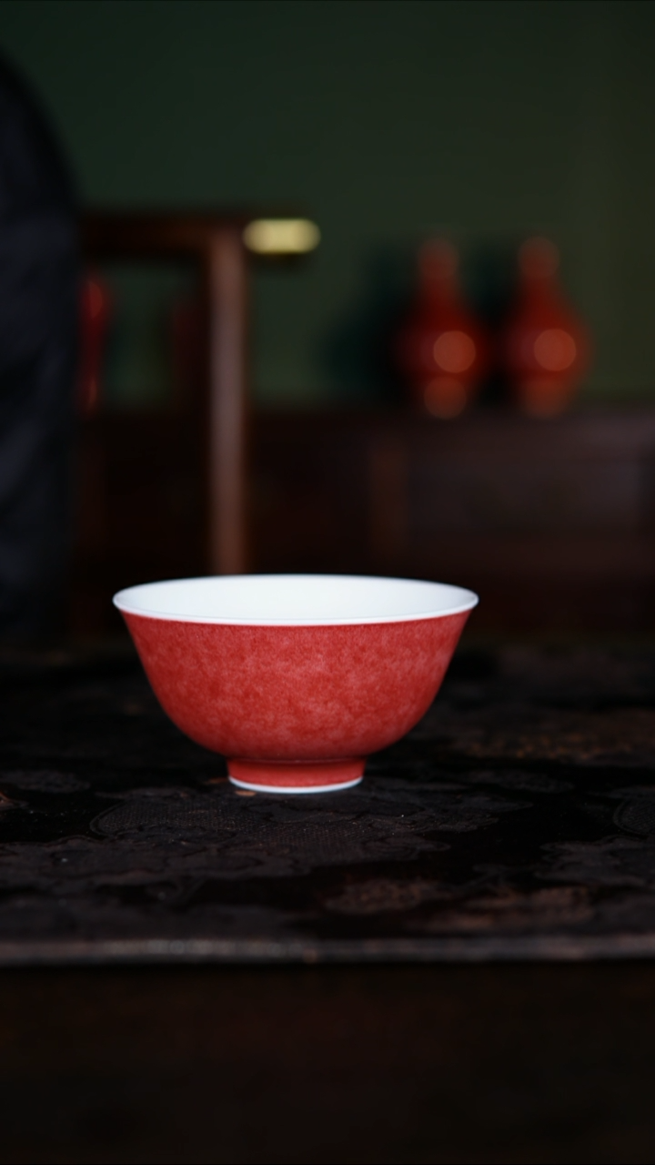 杯子白泥高温铜红釉豇豆红