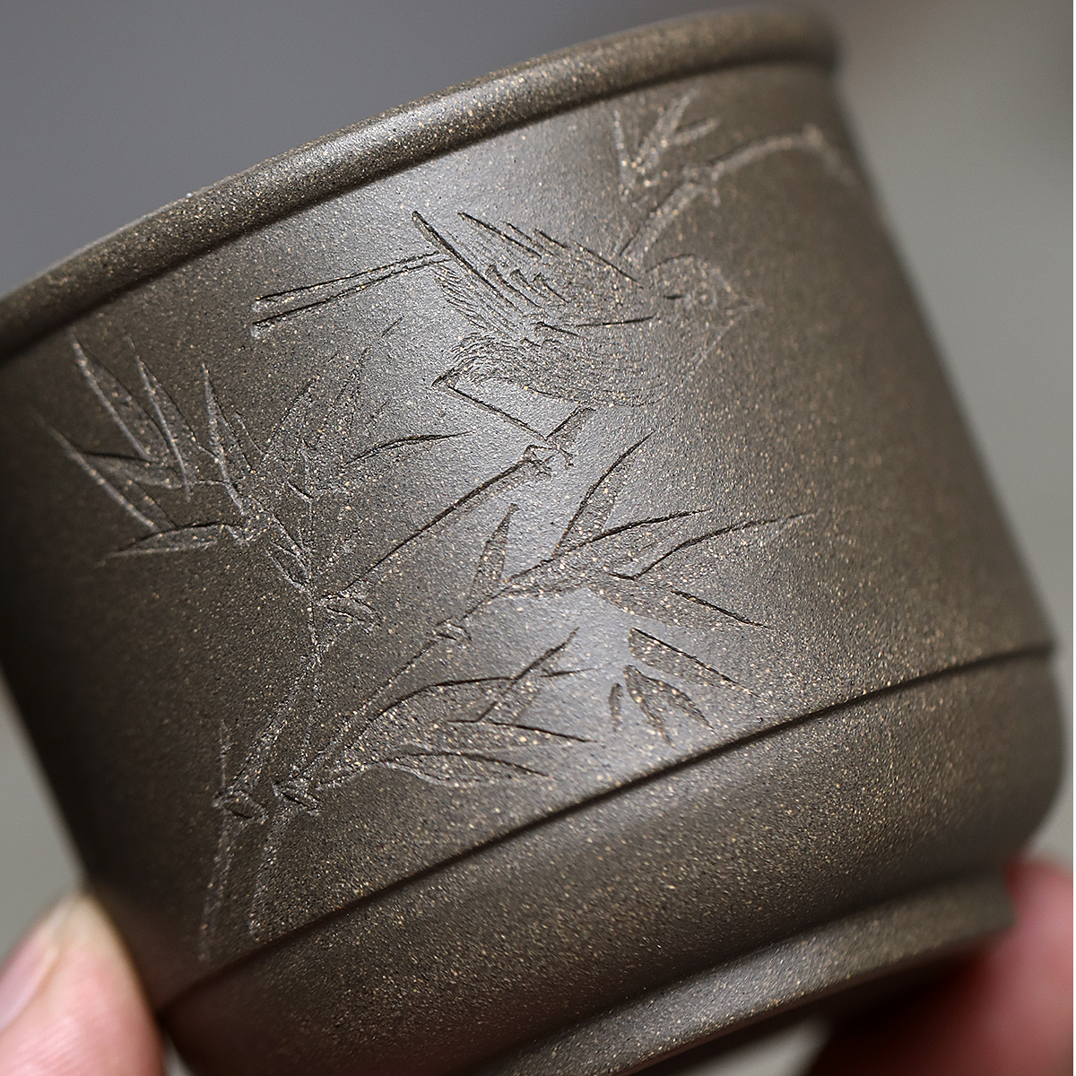 宜兴原矿紫砂竹节杯全纯手工刻绘主人杯茶具碧竹栖雀段泥