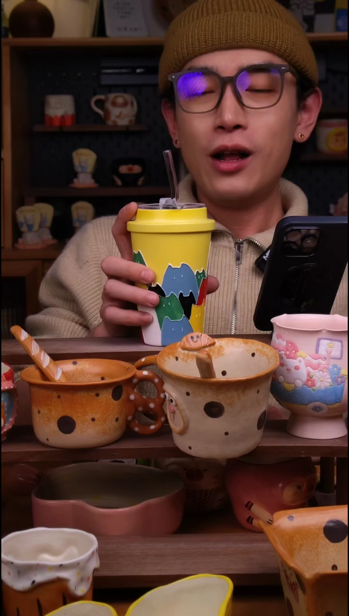 杯子陶景德镇可爱设计师款陶瓷（带盖带吸管）